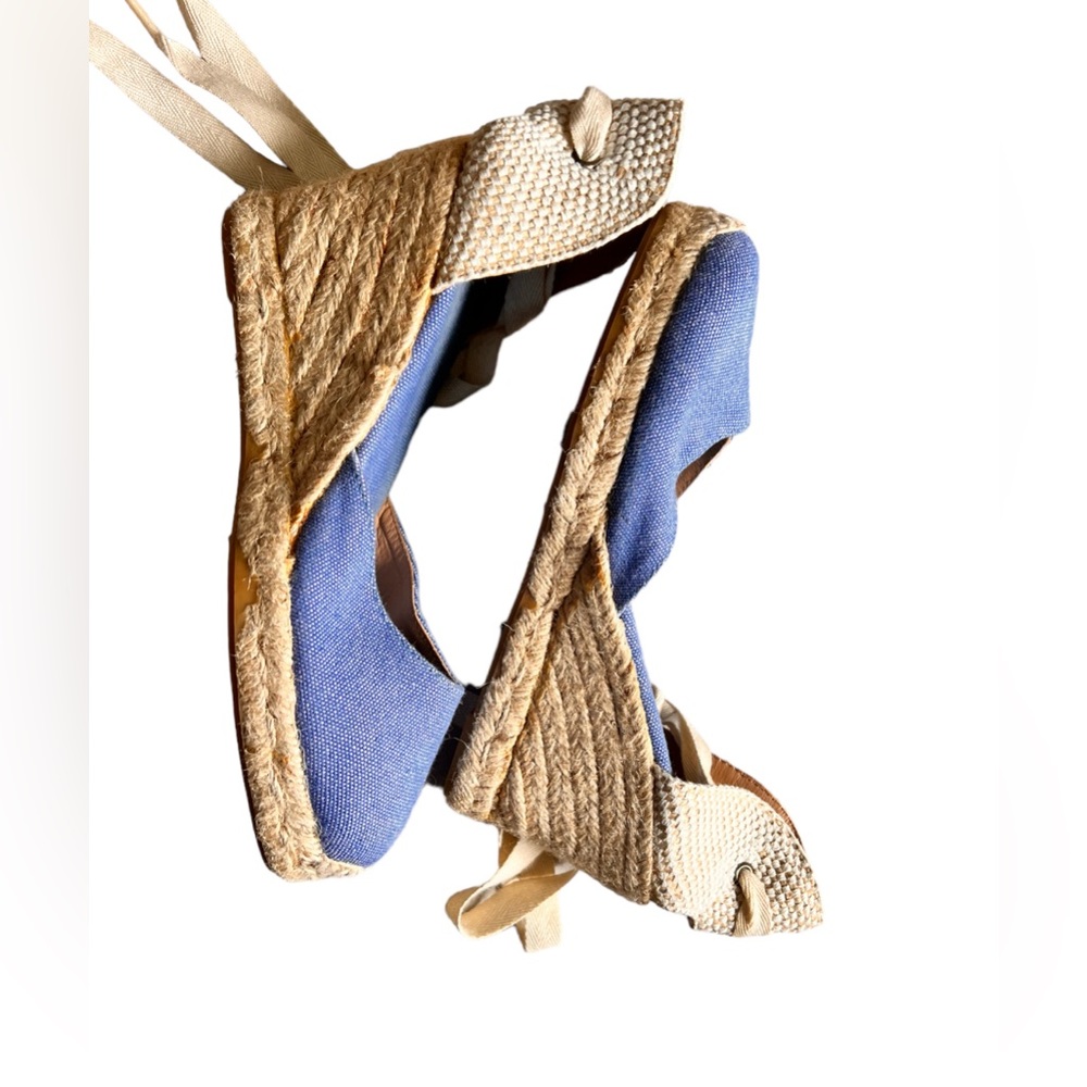 Women’s size 8- ankle wrap espadrille wedge heels denim blue & tan w/ tan ties.